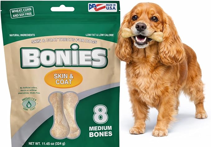 Bonies Natural Skin & Coat Formula Medium-Sized Single Bone - Promote Silky Coat & Healthy Skin, Healthy Teeth & Fresh Breath, Low Calories - Chicken Flavor, [Medium Dogs], 8 Bones
