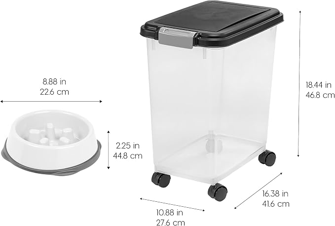 IRIS USA Dog Food Container & Slow Feeder Bowl, Up to 30 lbs, Black