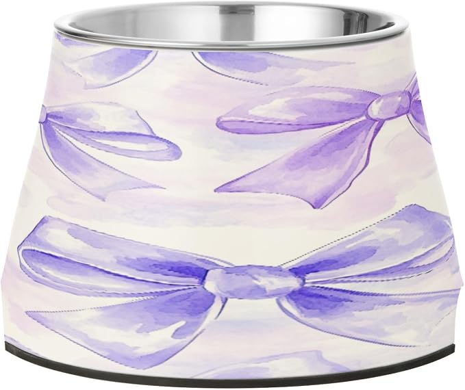 Blueangle Elevated Dog Bowls with Stainless Steel - Non-Slip 2.3 Cup High Capacity Pet Dish for Spinal Health & White Bows Design（175）