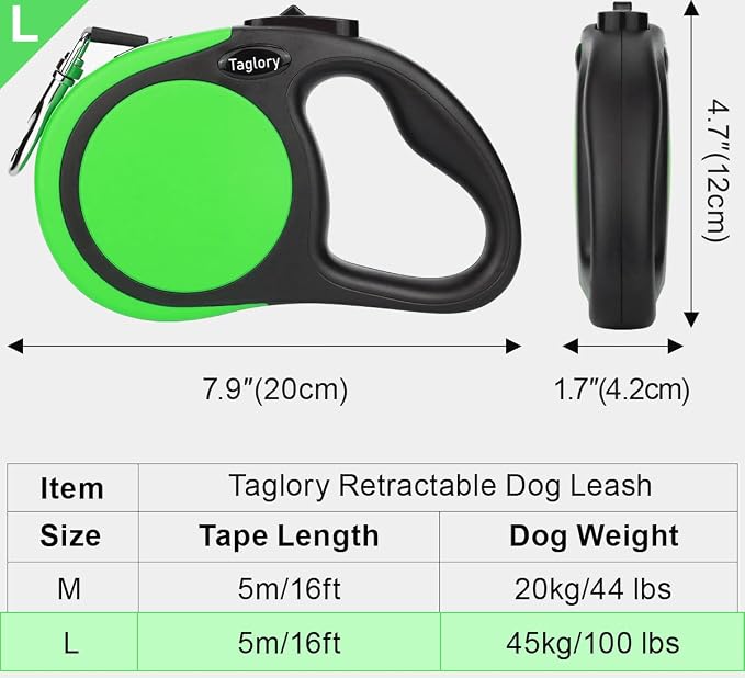 Taglory Retractable Dog Leash, One-Handed Brake, 16ft, Up to 44 lbs, Green | More Freedom While Staying in Control, Smooth Retraction, Tangle-Free Design, Easy-Grip Handle, Daily Neighborhood Walks
