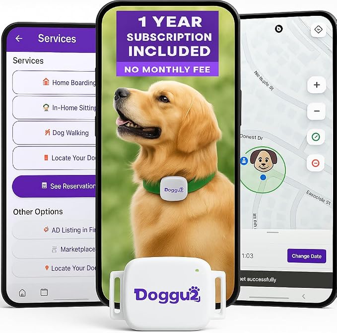 GPS Tracker for Dogs Dogguz – Real Time Pet Location Tracker with App, Waterproof, Long Battery, 1 Year Subscription Included – Sim Card Included - White
