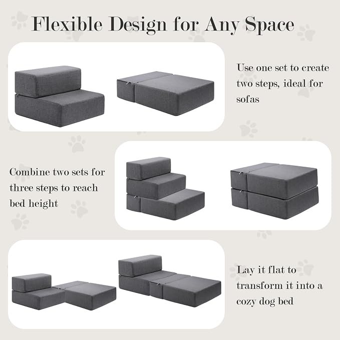 Dog Stairs for Small Dogs 18" H, Modular 3-Step Dog Steps for Bed and Couch, Non-Slip Indoor Pet Stairs for Cats, Pet Step with Washable Cover Grey