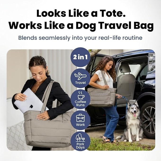 rubyloo Puffer Dog Travel Bag with Bowls & Food Storage, Khaki