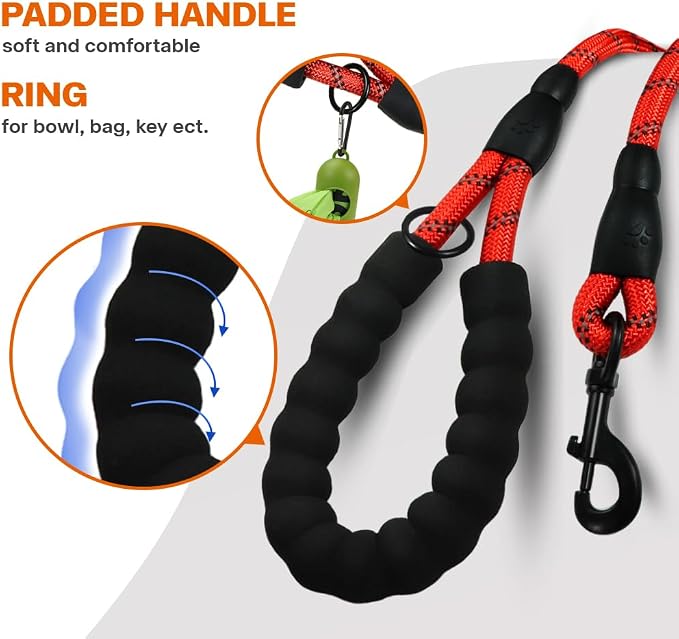 Taglory Rope Dog Leash for Small Medium Dogs, 6 FT Padded Handle, Red | Made of Climbing Rope, Reflective for Night Walks and Training, Comfortable Grip, Anti-tangle Swivel Clip, 3/8 inch