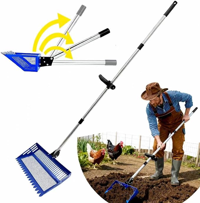 Chicken Poop Scooper & Rake 2-in-1, 15" Extra Large Stainless Steel Litter Scoop, 21"-76" Adjustable Handle, Chicken Coop Cleaner for Sand, Pet Waste & Litter Sifting