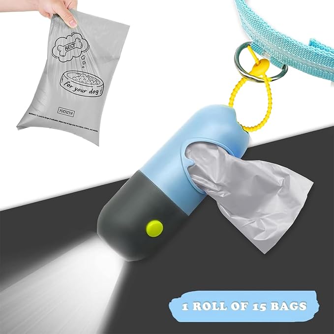 Dog Poop Waste Bags Holder with LED Flashlight|Cute Doggie Poo Bags Dispenser for Pet Leash|Trash Waste Bags Carrier with Potty Bags Clip Fastener LR44 Button Cells Included(2 Pack) (Sky Blue)