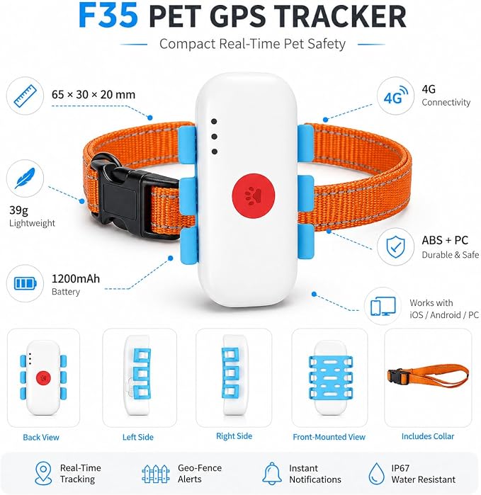 4G GPS Pet Tracker for Dogs & Cats, Real-Time GPS Tracking Device with Geo-Fence Alerts, Location History, Sound Pet Finder, IPX4 Water-Resistant, 1000mAh Rechargeable Battery, App Control