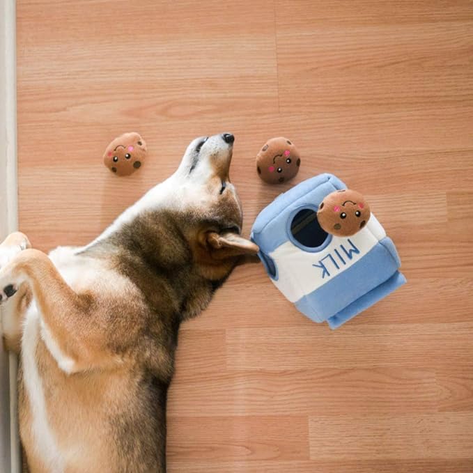 ZippyPaws Burrow Hide & Seek Plush Puzzles - Milk and Cookies | Interactive Dog & Puppy Toys for Boredom, Stimulating Pet Products to Keep them Busy, Squeaky Toy for Enrichment