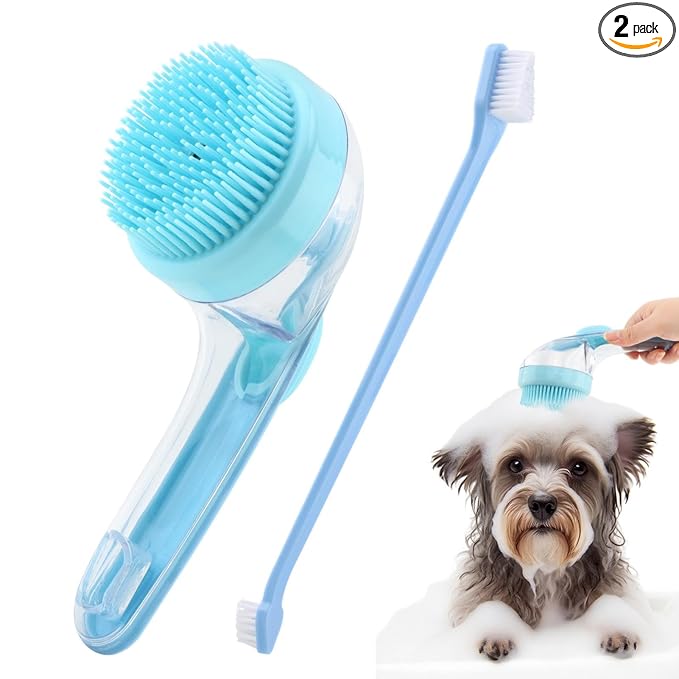 Pet Bath Brush, 2 in 1 Dog Bath Brush with Built-in Shampoo Dispenser, Pet Wash Brush with Double Head Toothbrush, Grooming Massage Brush for Dogs & Cats