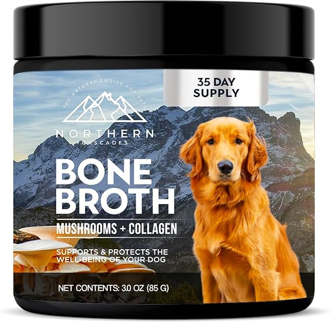 Bone Broth for Dogs – Grass-Fed Beef Protein Powder with Medicinal Mushrooms – Supports Hips, Joints, Digestion & Immunity – All-Natural Food Topper – 60 Servings (3 oz, 83 Grams)
