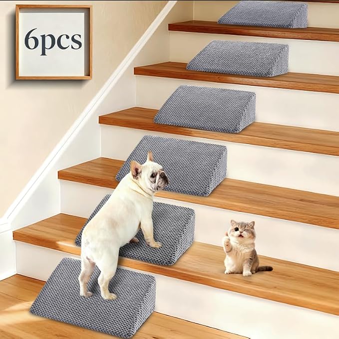 Dog Ramp for Stairs, Non-Slip Stair Wedges with Gentle Slope, Pet Ramp with Washable Cover and Self-Sticky Pads for Safe Climbing, Gray, 6 Pack