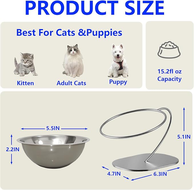 Elevated Cat Bowls,15 Degree Inclined Stainless Steel Cat Bowls,Detachable Metal Bracket,Protect The Cervical Spine,Prevent Vomiting,Ergonomic Design for Healthy Eating & Digestion,2PC (2PC)