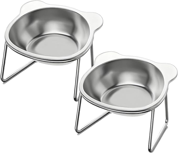 2 Pcs Elevated Cat Bowls, 15°Tilted Stand Whisker Friendly Raised Cat Food & Water Dishes, 5.9 inch Stainless Steel Indoor Anti-Vomiting Small Dog Bowls,Dishwasher Safe,Spine Friendly
