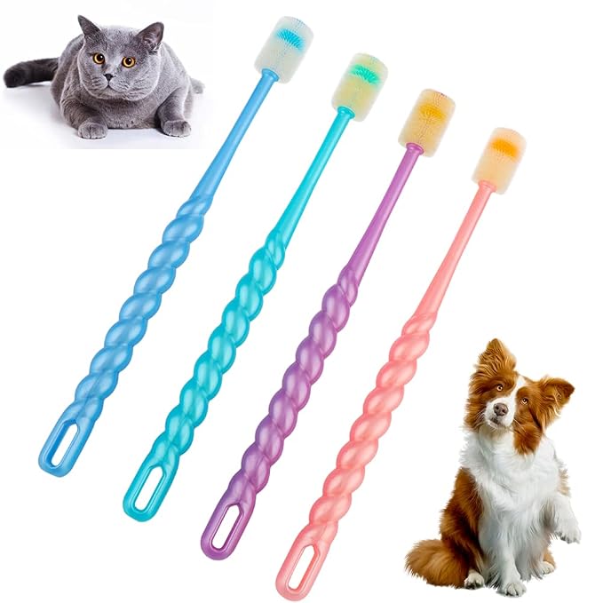 DQITJ 4 Pcs 360-Degree Small Dog and Cat Soft Toothbrush Soft Silicone Deep Pet Teeth Cleaning Kit (Colors May Vary)