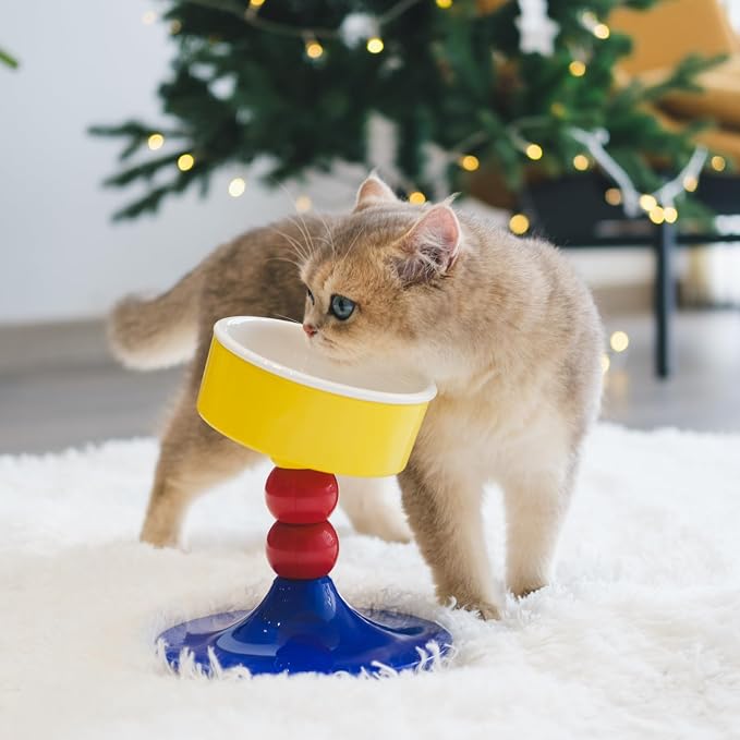 Elevated Raised Cat Pet Bowls - 15°Tilted 3 Heights Adjustable Indoor Cats Food Dish Stand, Cute Pet Water Feeder Ceramic Bowl, Neck Whisker Friendly & Anti-Vomiting Non Slip Kitten Puppy Supplies