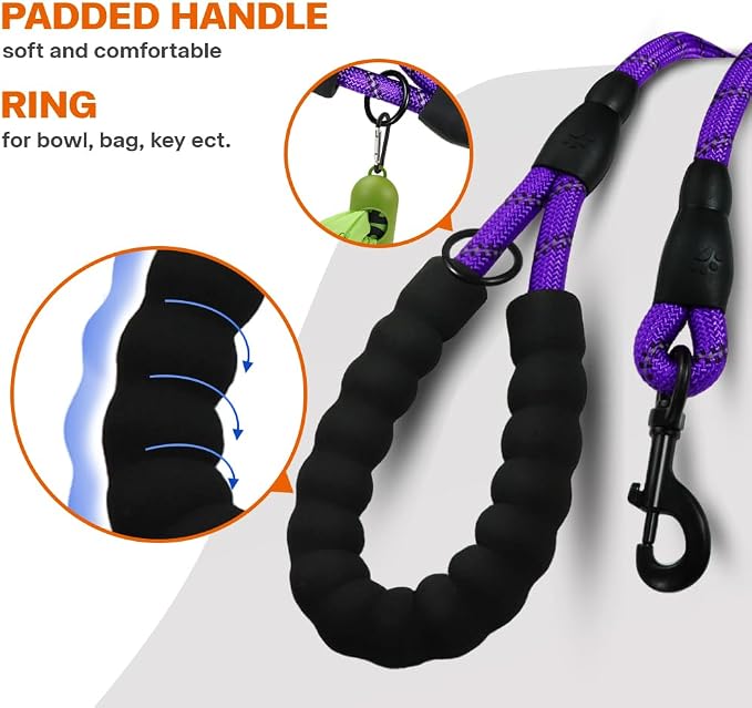 Taglory Rope Dog Leash for Medium Large Dogs, 5 FT Padded Handle, Purple | Climbing Rope for Strong Pullers, Reflective for Night Walks and Training, Comfortable Grip, Anti-tangle Swivel Clip 1/2 inch