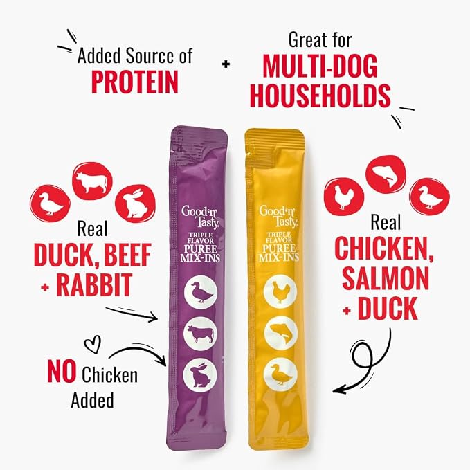 Good 'n' Tasty Triple Flavor Puree Mix-Ins Variety Pack Dog Food Topper Treats for All Dogs, 84 Count, Easy Single-Serve Portions, Added Protein with Chicken, Salmon, Duck, Beef and Rabbit