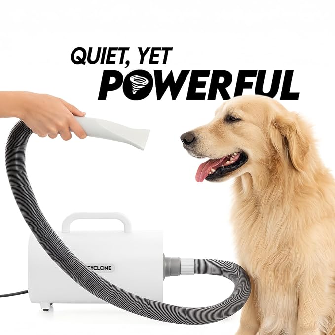 CYCLONE v4® Professional HIGH POWER Velocity Force Dog Hair Blow Dryer for Pet Grooming | Quiet Motor with Adjustable Heat and Speed | 4 Drying Attachments Included