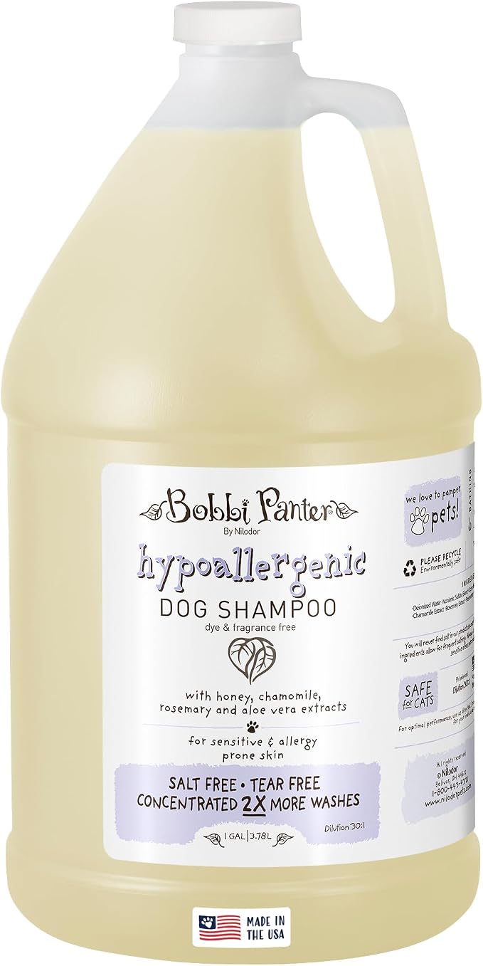 Bobbi Panter Hypoallergenic Dog Shampoo Honey, Aloe Vera, Chamomile & Rosemary – Dye & Fragrance Free Natural Formula for Sensitive & Allergy Skin, Tear-Free, 30:1 Concentrate, Made in USA, 1 Gallon