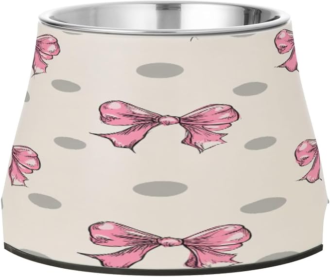 Blueangle Elevated Dog Bowls with Stainless Steel - Non-Slip 2.3 Cup High Capacity Pet Dish for Spinal Health & Dots with Bows Design（423）
