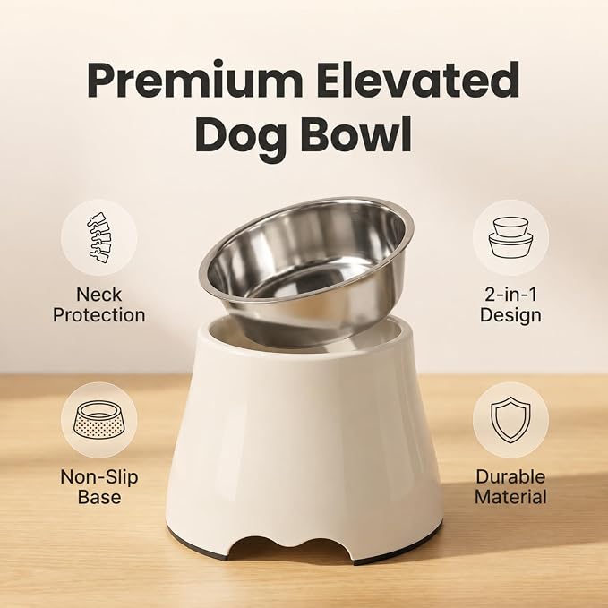 Elevated Single Dog Bowl with Stainless Steel Bowl, Orthopedic Neck Protection Non-Slip Pet Food & Water Bowl for Small Medium Dogs, Cone Friendly, Senior Spaniel Long-Eared Dogs (White, Size M)