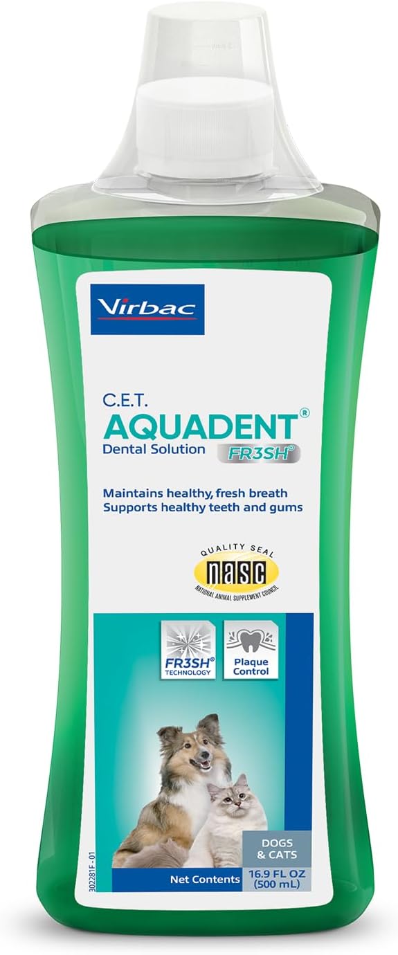 C.E.T. Aquadent Fr3sh Dental Solution for Dogs & Cats, 500 ml | VOHC approved for dogs, pet dental care, liquid pet breath freshener, supports digestive health, just add water