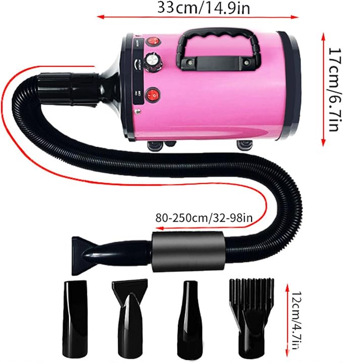 Dog Hair Dryer for Pet Grooming, High-Velocity Blow Dryer, Adjustable Speed and Temperature, Noise Reduction, 5 Nozzles for Efficient Drying