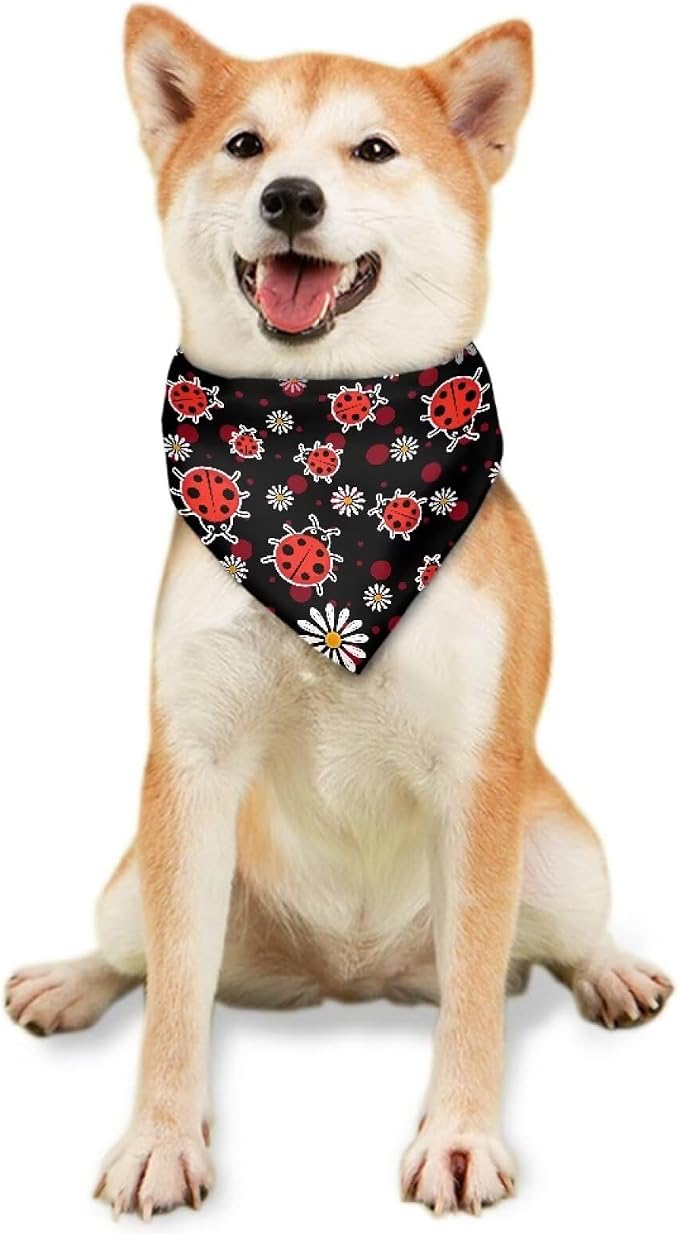 Forchrinse Red Ladybird Daisy Dog Bandana 1 Pack Washable Dog Kerchief Triangle Pet Scarf, Medium, 1-Pack, Polyester, Red