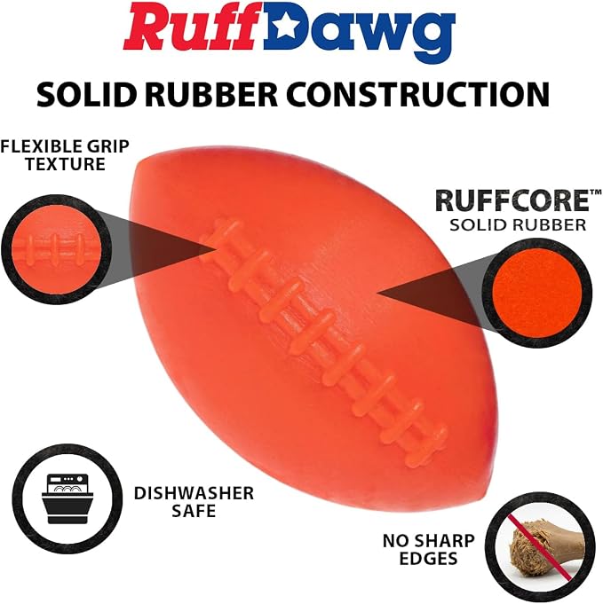 Ruff Dawg Indestructible Football Medium 4” Orange – Heavy-Duty Solid Rubber Dog Fetch Toy for Dogs Up to 40 lbs – Floats & Crazy Bounce – Made in USA