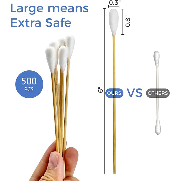 GOLD HONEY 6 Inch Large Cotton Swabs, 500pcs, Bamboo Handle