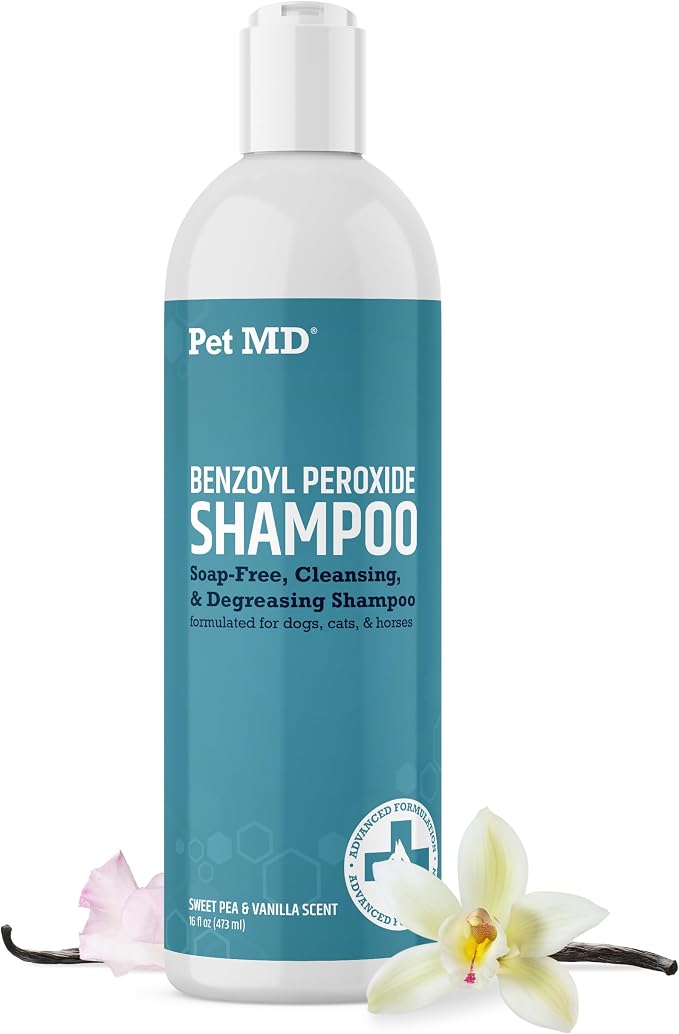 Pet MD Benzoyl Peroxide Shampoo for Dogs, Cats, & Horses - 16oz | Helps Remove Dead Skin & Unclog Pores - Seborrhea and Degreasing Shampoo for Pet Skin Maintenance - Sweet Pea Vanilla Scent
