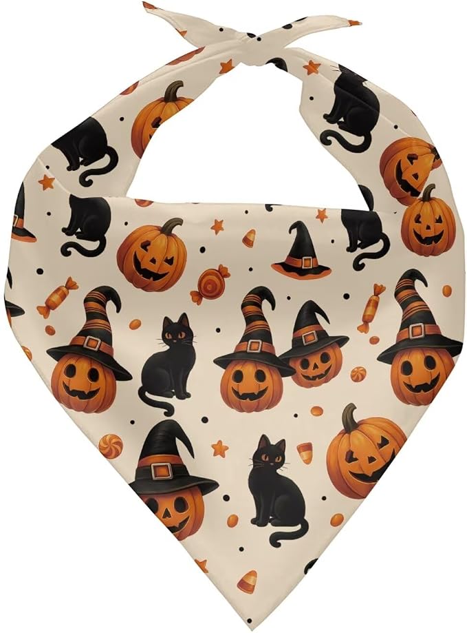 Jeiento Halloween Dog Bandanas Washable Soft Halloween Orange Pumpkin Bibs Scarf Adjustable Kerchief for, Polyester, Orange