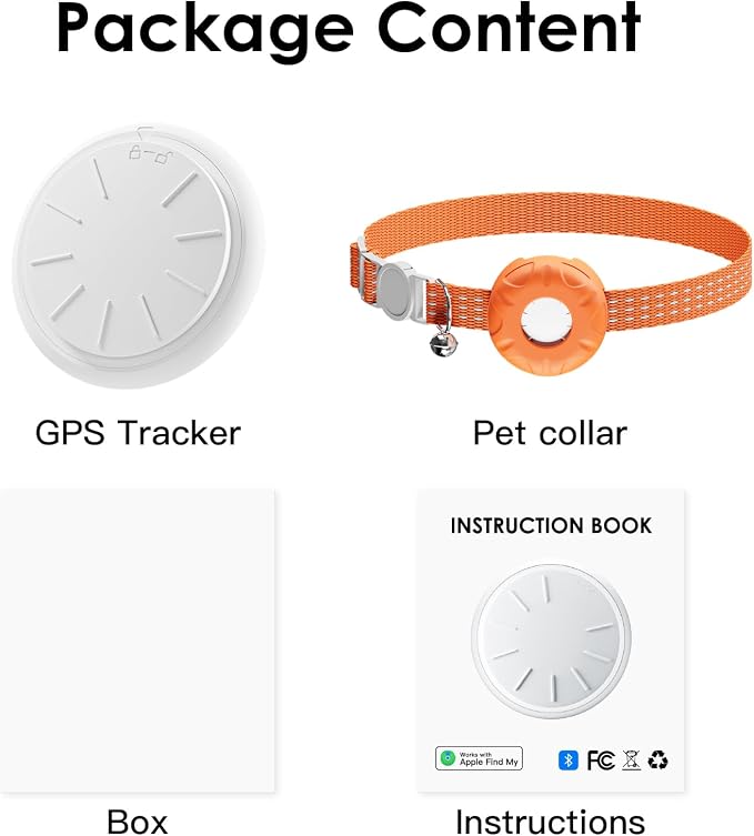Cat Tracker, GPS Tracker Compatible with Apple Find My App(Only iOS), Waterproof Cat Tracker Collar with Bell and Safety Elastic Buckle, No Monthly Fee, Territory & Location History (Orange)