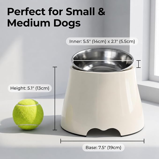 Elevated Single Dog Bowl with Stainless Steel Bowl, Orthopedic Neck Protection Non-Slip Pet Food & Water Bowl for Small Medium Dogs, Cone Friendly, Senior Spaniel Long-Eared Dogs (White, Size M)