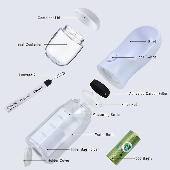 Cibaabo Dog Water Bottle with Food Container & Poop Bag Holder, Travel Water Bowl, Portable Pet Dispenser, Dog Gifts Stuff Accessories Items, Puppy Essentials for Yorkie Chihuahua Walking Hiking
