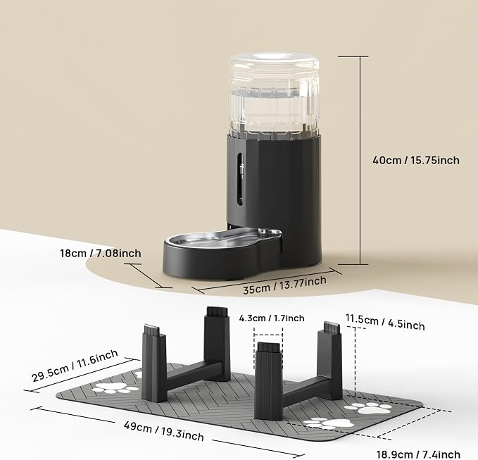 CZPET Elevated Dog Water Bowl Dispenser 8L with Mat for Large Dogs,Tall Raised Pet Waterer Stand,Relieve Neck Pressure,Large Capacity and Drinking Area Noise-Free for Pets (8L+Stand+Mat,Black)