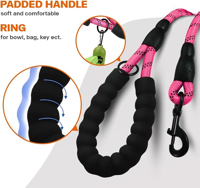 Taglory Rope Dog Leash for Small Medium Dogs, 4 FT Padded Handle, Pink | Made of Climbing Rope, Reflective for Night Walks and Training, Comfortable Grip, Anti-tangle Swivel Clip, 3/8 inch