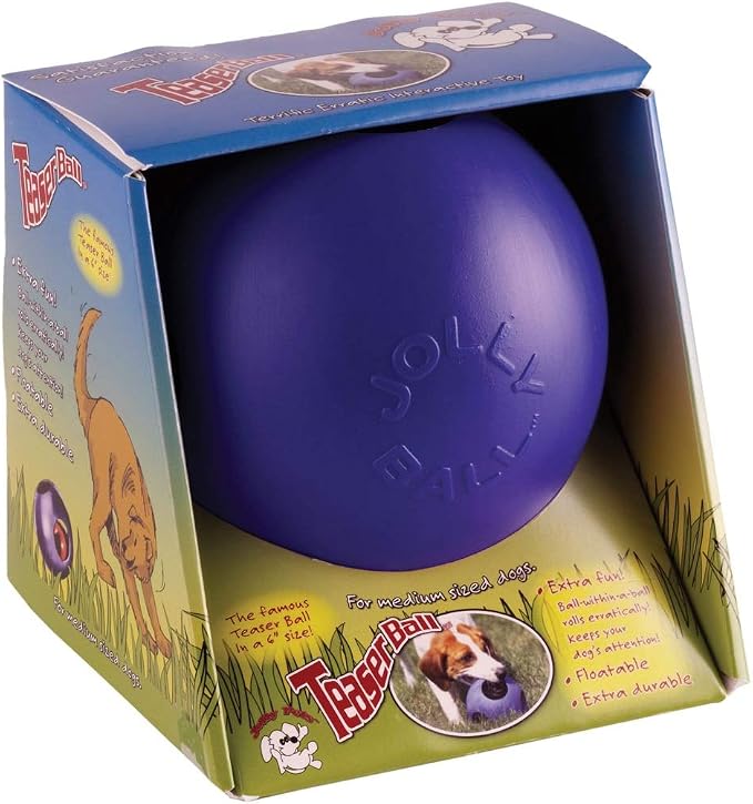 Jolly Pets Teaser Ball Interactive Dog Toy, 6 in Medium, Blue | Ball-within-a-ball puzzle toy that floats - add peanut butter to the inner ball for extra fun