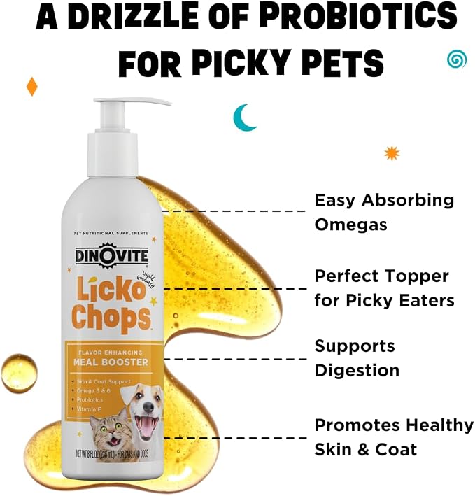 Dinovite Lickochops Supplement, Liquid Meal Topper for Dogs & Cats, 16 oz