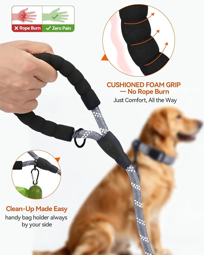 Joytale Rope Dog Leash for Medium Large Dogs, Padded Handle, 5FT, Gray | Reinforced Nylon Webbing, Comfort Grip Eases Hand Strain, Swivel Clip Prevents Tangles, Visible at Night, for Outdoor Walks