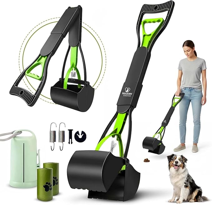 SHAZORY Pooper Scooper for Dogs & Cats – Long Handle, Heavy-Duty Design with Bag Dispenser, Poop Scooper for Large Dogs, Dog Poop Scoop for Yard, Portable for Pet Parents & Dog Walkers (32")