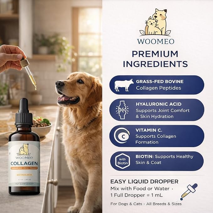 Liquid Collagen for Dogs & Cats with Hyaluronic Acid, Biotin & Vitamin C – Pet Collagen Supplement Drops, Bacon Flavor, Skin & Coat Support, Easy Liquid Dropper, 4 fl oz