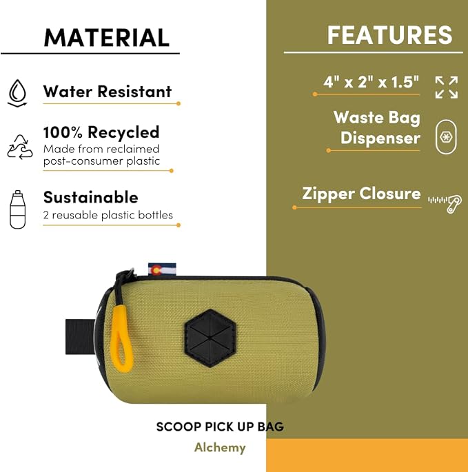 OllyDog Scoop Pick Up | Dog Poop Bag Holder | Lightweight & Water-Resistant Dispenser | Leash Attachment for Hands-Free Carry | Fits Standard Waste Bag Rolls (Alchemy)