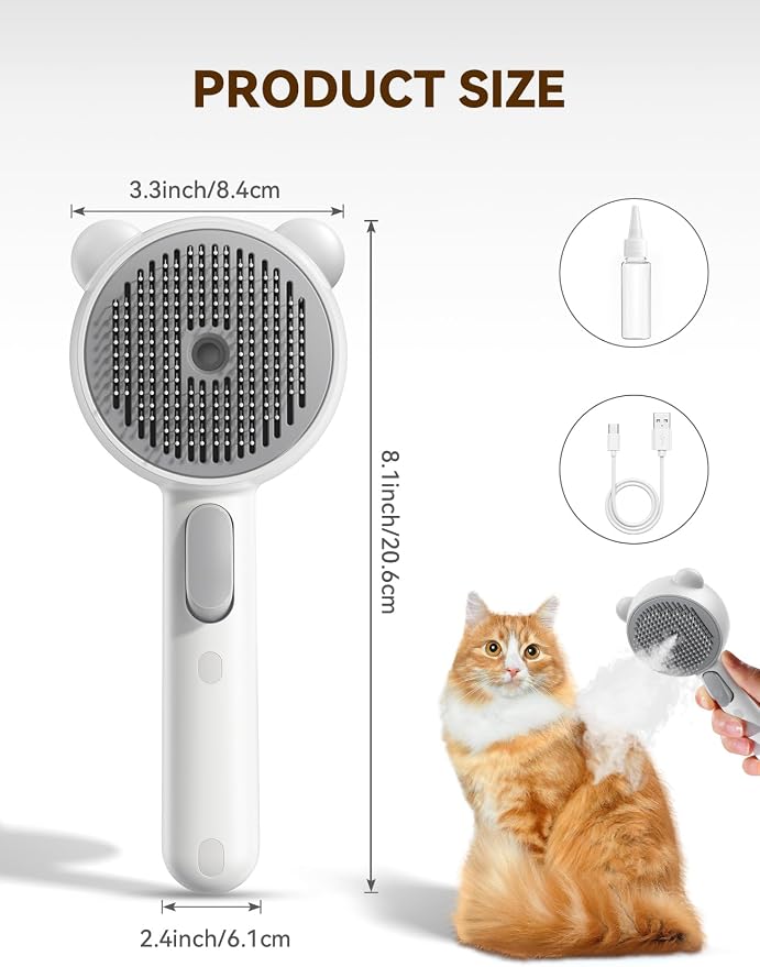 Cat Steam Brush, Brushes for Indoor Cats with Release Button, Undercoat Removal Grooming Supplies, Dual Spray USB Rechargeable, Cat Brush for Shedding for All Long-haired and Short-haired Pets