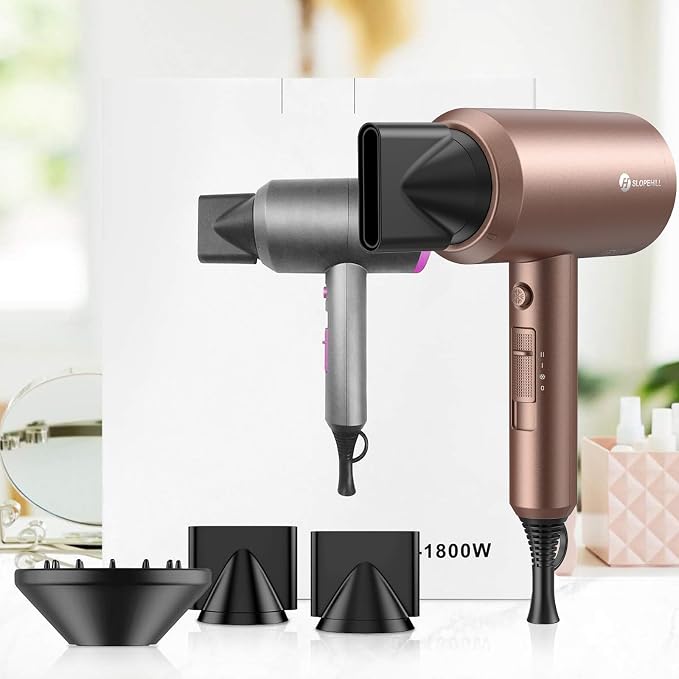slopehill Professional Ionic Hair Dryer, Mocha Mousse | 1800W Fast Drying, Low Noise, 2 Concentrator Nozzles, 1 Diffuser Attachment, Home Salon Travel