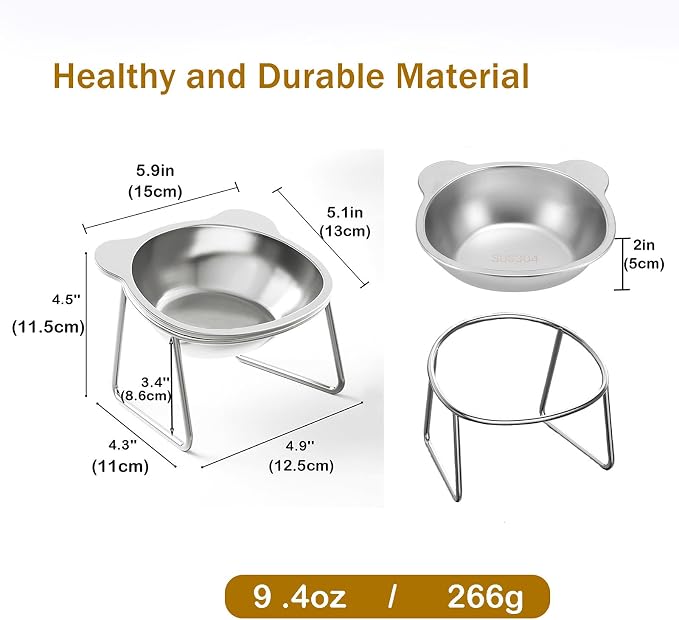2 Pcs Elevated Cat Bowls, 15°Tilted Stand Whisker Friendly Raised Cat Food & Water Dishes, 5.9 inch Stainless Steel Indoor Anti-Vomiting Small Dog Bowls,Dishwasher Safe,Spine Friendly