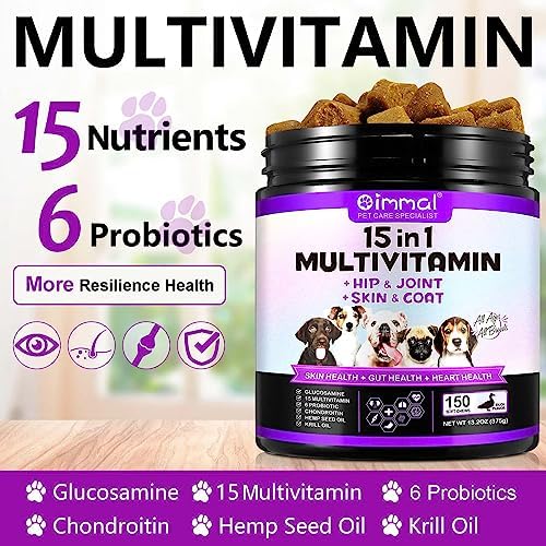 Dog Vitamins and Supplements, 15-in-1 Dog Multivitamin Chews with Glucosamine and Probiotics, Natural Daily Vitamins Treats for Dogs, Pet Health Support-Skin-Immunity-Gut Digestion-Joint-Heart,150pcs