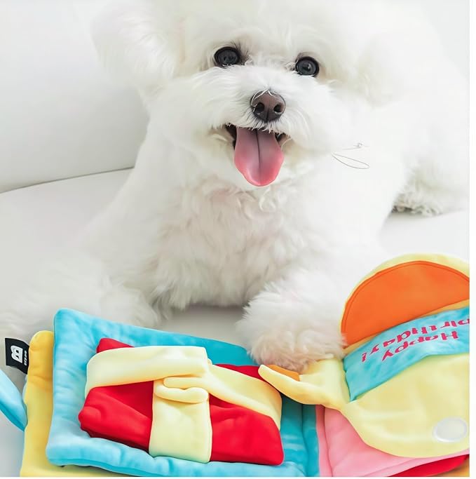 Cute Dog Birthday Toy Squeaky Snuffle Mat for Small Medium Dogs Interactive Plush Book Treat Puzzle for Puppy Crinkle Gifts (Blue)