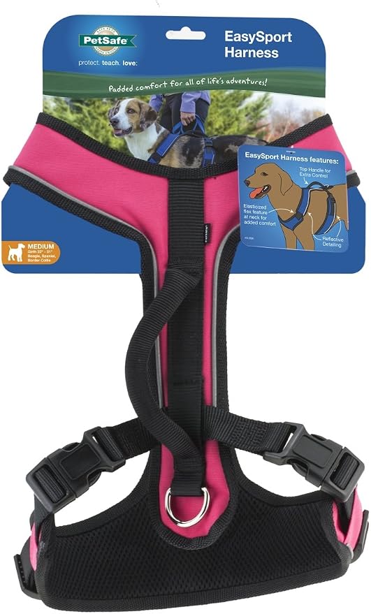 PetSafe EasySport Dog Harness, Pink, Medium | Padded, Elastic Neckline Harness for Active Dogs, Reflective Piping for Visibility, Top Control Handle, Rear Leash Clip