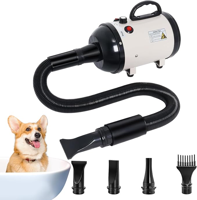 Dog Dryer for Large Dogs, 5.2HP 3800W High Velocity Pet Hair Dryers | with Heater for Grooming, Spind Temperature Adjustable Pet Dryer Machine with 4 Nozzles Secadora para Perro (Beige)